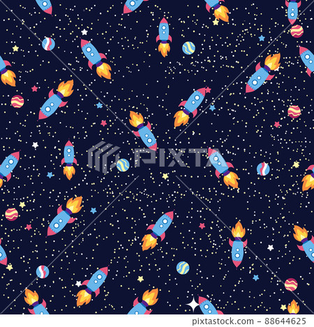 Seamless space pattern. Planets, rockets and stars. Cartoon spaceship. Childish background. Hand drawn illustration. 88644625
