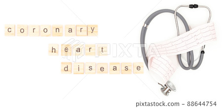 Stethoscope with electrocardiogram sheet isolated on white background. Coronary heart disease Place to copy paste. Stethoscope with electrocardiogram sheet isolated on white background. Coronary heart disease Place to copy paste. 88644754