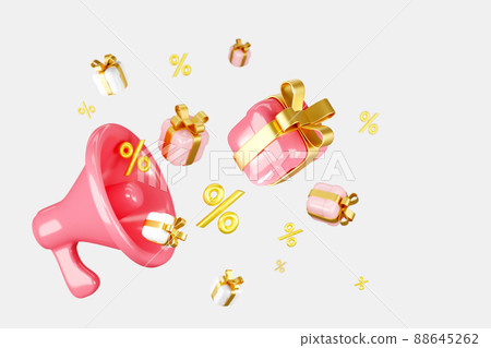 Red megaphone with gift boxes and percent signs on white background 88645262