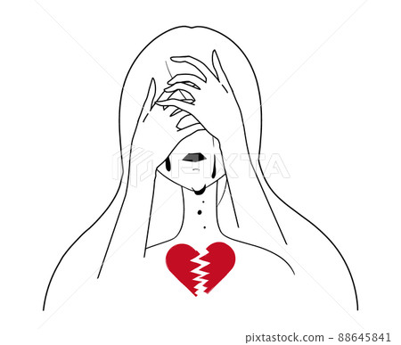 Abstract illustration of a woman with black lines tearing in white paint and a depressed image of a broken heart 88645841