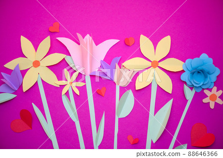 Paper art, bright summer holiday handmade flowers, craft on a pink background.. Colorful postcard for Mother's Day, Easter Paper art, bright summer holiday handmade flowers, craft on a pink background.. Colorful postcard for Mother's Day, Easter 88646366