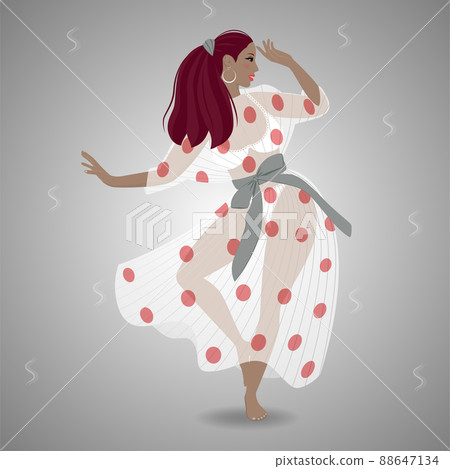 A beautiful girl in a dress with polka dots is dancing. Retro style. Vector illustration A beautiful girl in a dress with polka dots is dancing. Retro style. Vector illustration 88647134