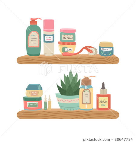 Vector illustration of a shelf with cosmetics for face and body care. Home cosmetic care. Vector illustration of a shelf with cosmetics for face and body care. Home cosmetic care. 88647754