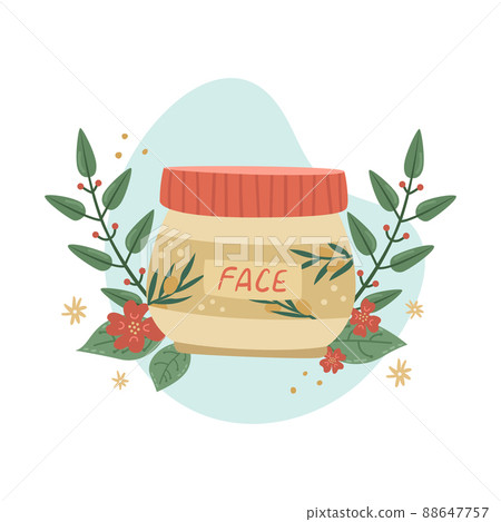 Vector illustration of a pot of face cream with botanical decor. Beauty Industry Vector illustration of a pot of face cream with botanical decor. Beauty Industry 88647757