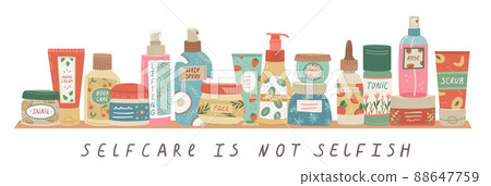 Vector illustration of a shelf with cosmetics for face and body care. Home cosmetic care. Lettering - selfcare is not selfish Vector illustration of a shelf with cosmetics for face and body care. Home cosmetic care. Lettering - selfcare is not selfish 88647759