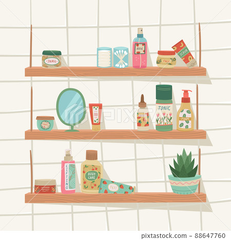 Vector illustration of a shelf with cosmetics for face and body care. Home cosmetic care. 88647760