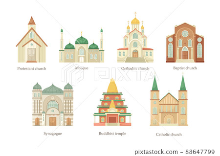 Vector set of illustrations of churches of different religious denominations. Religious architectural building. Vector set of illustrations of churches of different religious denominations. Religious architectural building. 88647799