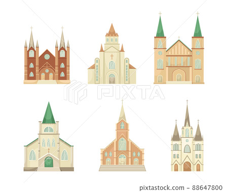 Vector set of illustrations of Catholic churches. Religious architectural building. Flat style Vector set of illustrations of Catholic churches. Religious architectural building. Flat style 88647800
