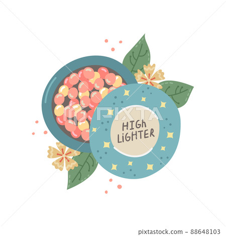 Vector illustration of highlighter and floral decor. Reflective powder. 88648103