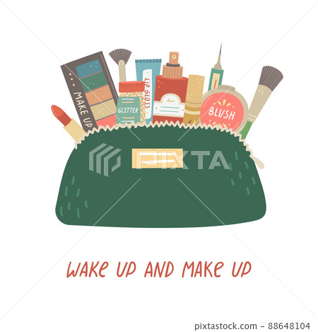 Vector illustration of a cosmetic bag with makeup products. Lettering - wake up and make up Vector illustration of a cosmetic bag with makeup products. Lettering - wake up and make up 88648104