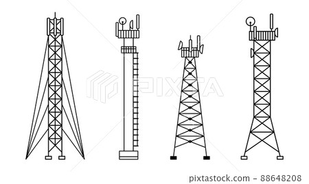 Vector set of illustrations of different constructions of cellular towers. 5G, 4g signal distribution. The Internet. Modern technologies. Outline 88648208