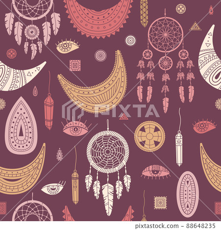 Vector seamless pattern with boho illustrations. Bohemian background in the simple style. Vector seamless pattern with boho illustrations. Bohemian background in the simple style. 88648235