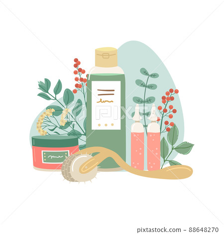 Vector illustration of a set for a procedure with a mesoroller with a botanical decor. Serum, cleansing tonic and soothing cream. Beauty Industry Vector illustration of a set for a procedure with a mesoroller with a botanical decor. Serum, cleansing tonic and soothing cream. Beauty Industry 88648270