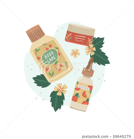 Vector illustration of facial and body care serum with botanical decor. Beauty Industry Vector illustration of facial and body care serum with botanical decor. Beauty Industry 88648279