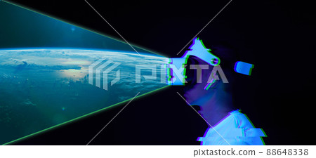 Man uses virtual reality headset to see the far... - Stock Illustration ...