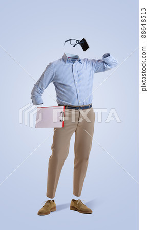 Portrait of invisible man wearing modern business style outfit talking on phone against blue background. Concept of fashion, creativity 88648513