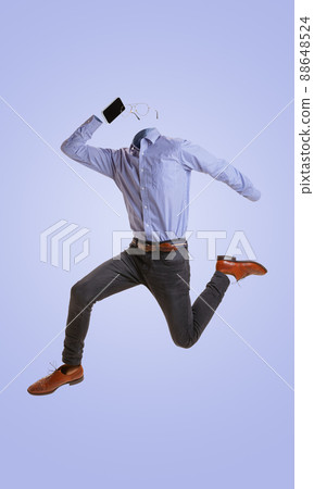 Portrait of invisible man wearing modern business style outfit running and talking on phone against blue background. Concept of fashion, creativity 88648524