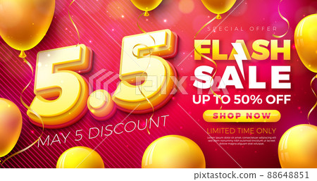 Promotional Business Flash Sale Design with 3d 5.5 Number and Party Balloon on Red Background. Vector May 5 Special Offer Illustration for Coupon, Voucher, Banner, Flyer, Promotional Poster 88648851