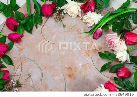 Spring summer border template floral background. Light air delicate artistic image, free space. Spring summer border template floral background. Light air delicate artistic image, free space. 88649019