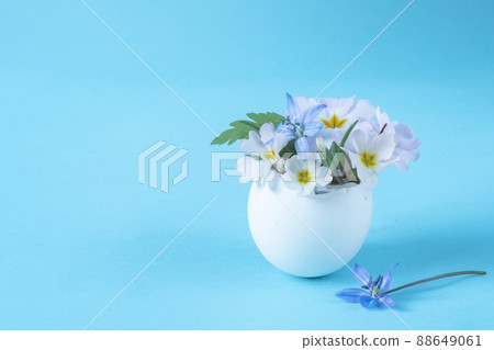 Small flower arrangement. Eggshell with spring flowers on a blue Small flower arrangement. Eggshell with spring flowers on a blue 88649061