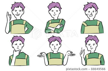 Facial expressions and pose variations of men wearing an apron Facial expressions and pose variations of men wearing an apron 88649566