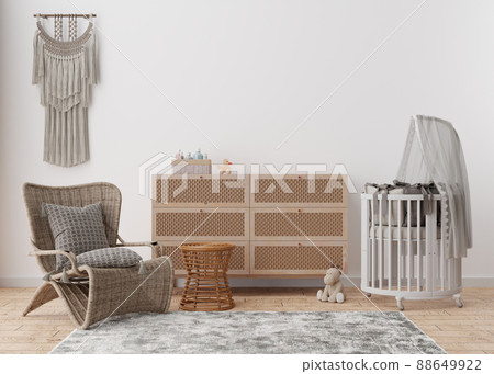 Empty white wall in modern child room. Mock up interior in scandinavian, boho style. Copy space for your picture or poster. Console, rattan armchair, toys, macrame. Cozy room for baby. 3D rendering. Empty white wall in modern child room. Mock up interior in scandinavian, boho style. Copy space for your picture or poster. Console, rattan armchair, toys, macrame. Cozy room for baby. 3D rendering. 88649922