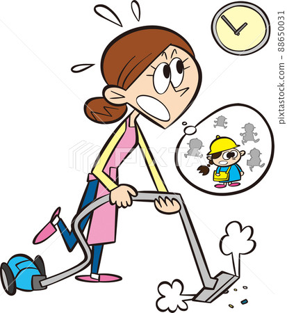 一個圍裙的女人一邊吸塵一邊關心幼兒園孩子的接送時間 88650031