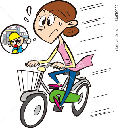 一個圍裙騎自行車的女人,一邊想著幼兒園的孩子 一個圍裙騎自行車的女人,一邊想著幼兒園的孩子 88650032
