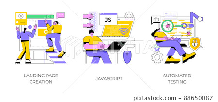 Web programming abstract concept vector illustration set. Landing page creation, JavaScript, automated testing, design template, website project, mobile application, UI optimization abstract metaphor. 88650087