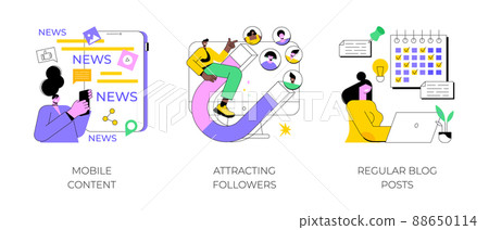 Content marketing service abstract concept vector illustration set. Mobile content, attracting followers, regular blog posts, live stream, follow social media, online notification abstract metaphor. 88650114