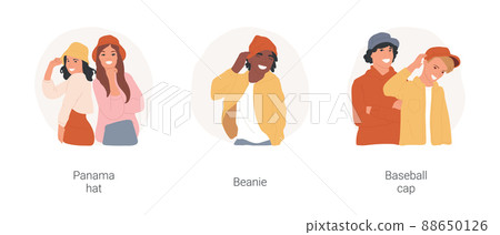 Teen favorite headwear isolated cartoon vector illustration set. Smiling teenager wearing trendy panama, posing in fancy beanie, cool knitted hat, boys fashion, put on baseball cap vector cartoon. 88650126