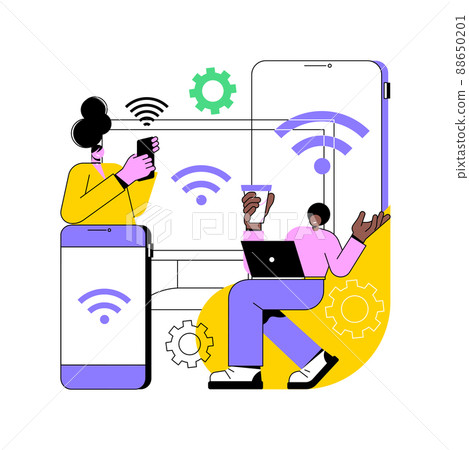 Wireless device connection abstract concept vector illustration. Distance connection, remote standard, wireless communication, computer network, troubleshooting, data transfer abstract metaphor. 88650201