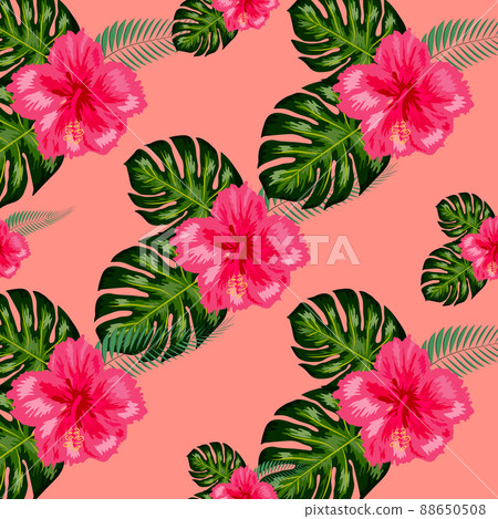 Tropical hibiscus flowers and palm leaves bouquets seamless pattern. Jungle foliage illustration with exotic plants. Summer beach floral surface design. 88650508