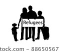 Silhouette family holds placard Refugees. 88650567