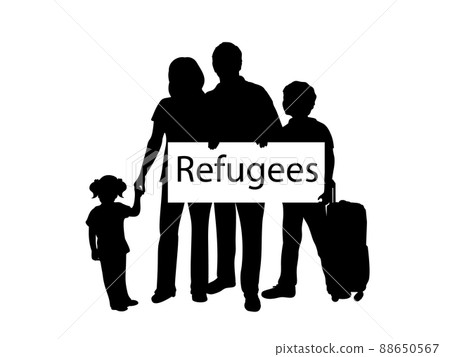 Silhouette family holds placard Refugees. 88650567