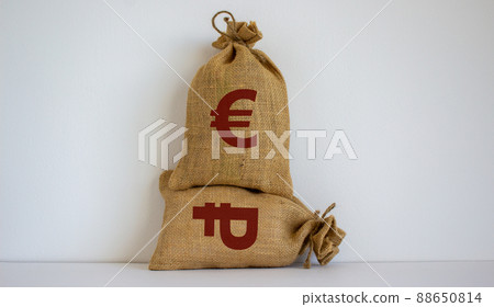 2 canvas bags with simbols of russian ruble and euro standing at different heights. Conceptual picture symbolizing cross currency exchange rates. Beautiful white background. Copy space. 2 canvas bags with simbols of russian ruble and euro standing at different heights. Conceptual picture symbolizing cross currency exchange rates. Beautiful white background. Copy space. 88650814