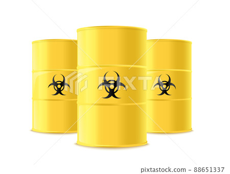 Three realistic yellow metal barrels with black biological hazard sign 88651337