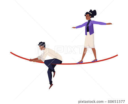 Confident business woman walking on the rope, flat vector illustration isolated on white background. Confident business woman walking on the rope, flat vector illustration isolated on white background. 88651377