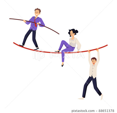 Scared office workers walking on rope with balancing stick, flat vector illustration isolated on white background. Scared office workers walking on rope with balancing stick, flat vector illustration isolated on white background. 88651378
