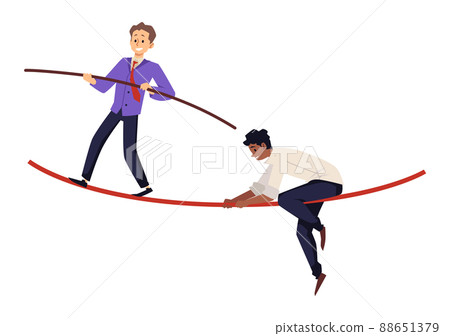Businessmen walking on the rope and trying to keep balance, flat vector illustration isolated on white background. Businessmen walking on the rope and trying to keep balance, flat vector illustration isolated on white background. 88651379