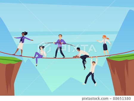 Office workers walking on the rope, abstract concept of business balance, flat vector illustration. Office workers walking on the rope, abstract concept of business balance, flat vector illustration. 88651380