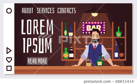Bartender welcoming guests behind the counter, landing page template, flat vector illustration. 88651414