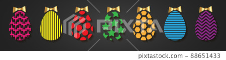 Easter egg icons. Colorful eggs set isolated on black background. Geometric design texture. Decoration Happy Easter celebration. Holiday elements pattern collection. Spring symbol Vector illustration Easter egg icons. Colorful eggs set isolated on black background. Geometric design texture. Decoration Happy Easter celebration. Holiday elements pattern collection. Spring symbol Vector illustration 88651433