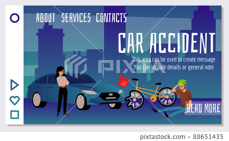 Car accident landing page with car hit cyclist on bicycle, flat vector illustration. 88651435