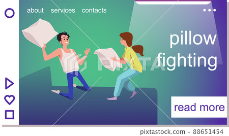 Happy couple fighting with pillows on the bed, landing page template, flat vector illustration. Happy couple fighting with pillows on the bed, landing page template, flat vector illustration. 88651454