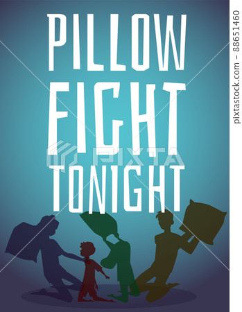 Pillow fight advertising with silhouette of family, poster template, flat vector illustration. 88651460