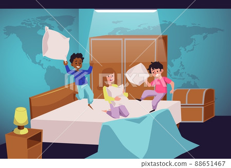 Happy children fighting with pillows on the bed, flat vector illustration. Happy children fighting with pillows on the bed, flat vector illustration. 88651467