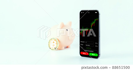 Bitcoin trading. Exchange bitcoin mobile phone app. Gold crypto currency BTC bitcoin, pink pig bank on white background. Saving money and financial concept bank. Bitcoin trading. Exchange bitcoin mobile phone app. Gold crypto currency BTC bitcoin, pink pig bank on white background. Saving money and financial concept bank. 88651500