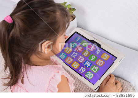 Preschooler Girl Playing Games Using Digital Tablet Lying On Sofa Alone. Curious Little Kid Girl Hold Pad Computer 88651696