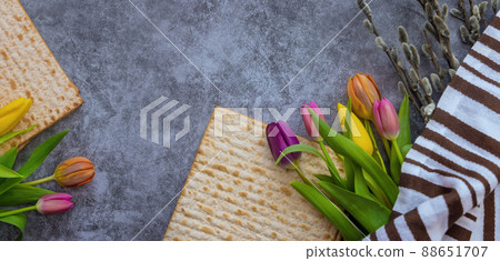 Blessings Pesach Jewish traditional holiday on Passover celebration of flowers and matzah bread Blessings Pesach Jewish traditional holiday on Passover celebration of flowers and matzah bread 88651707
